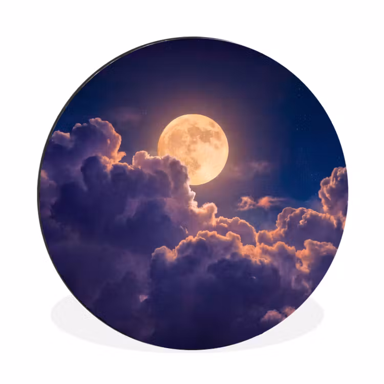 Maan - Wolken - Nacht - Oranje Wandcirkel aluminium klein -3d