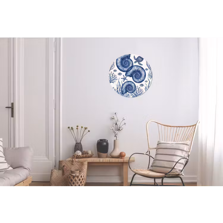 Schelp - Spiraal - Zeeleven - Aquarel - Blauw Wandcirkel aluminium klein -woonkamer