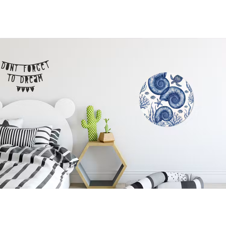 Schelp - Spiraal - Zeeleven - Aquarel - Blauw Wandcirkel aluminium klein -kinderkamer