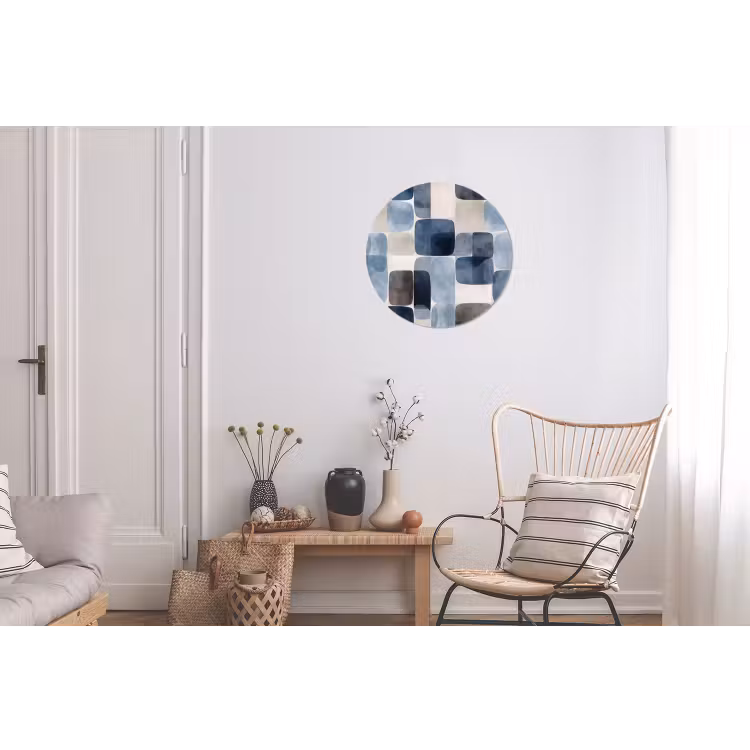 Patroon - Blauw - Vierkanten Wandcirkel aluminium klein -woonkamer