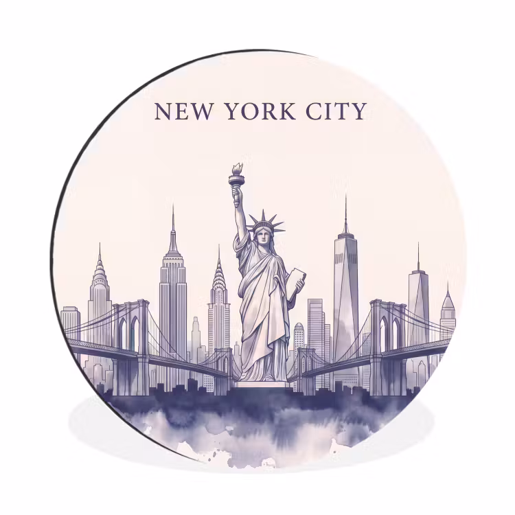 New York - Vrijheidsbeeld - Skyline - Illustratie - Blauw Wandcirkel aluminium klein -3d