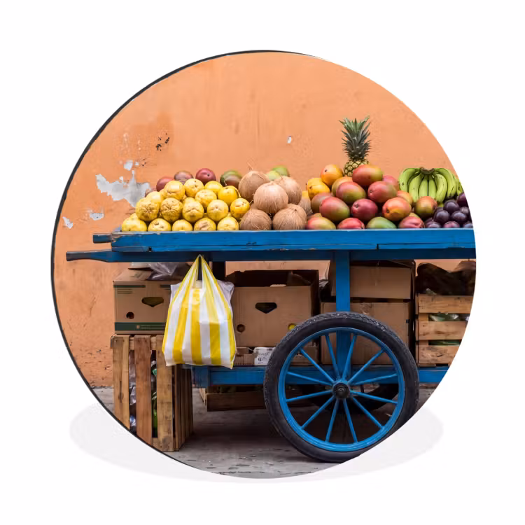 Alu-Dibond-Bild Rund - Obst – Kar – Straße - Fruit - Kar - Straat Wandcirkel aluminium klein