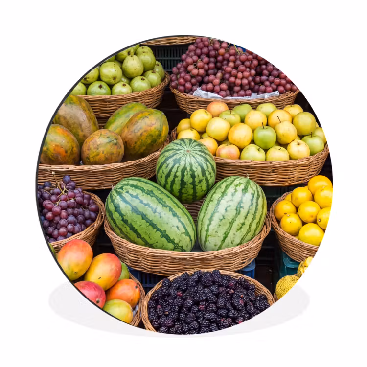 Alu-Dibond-Bild Rund - Obst – Markt – Bunt - Fruit - Markt - Kleurrijk Wandcirkel aluminium klein