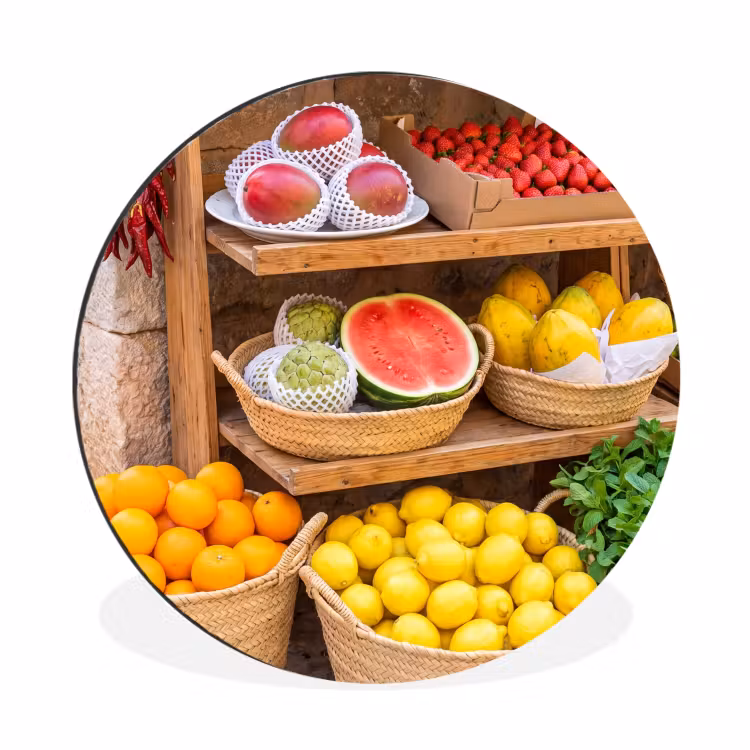 Alu-Dibond-Bild Rund - Obst – Markt – Frisch - Fruit - Markt - Vers Wandcirkel aluminium klein