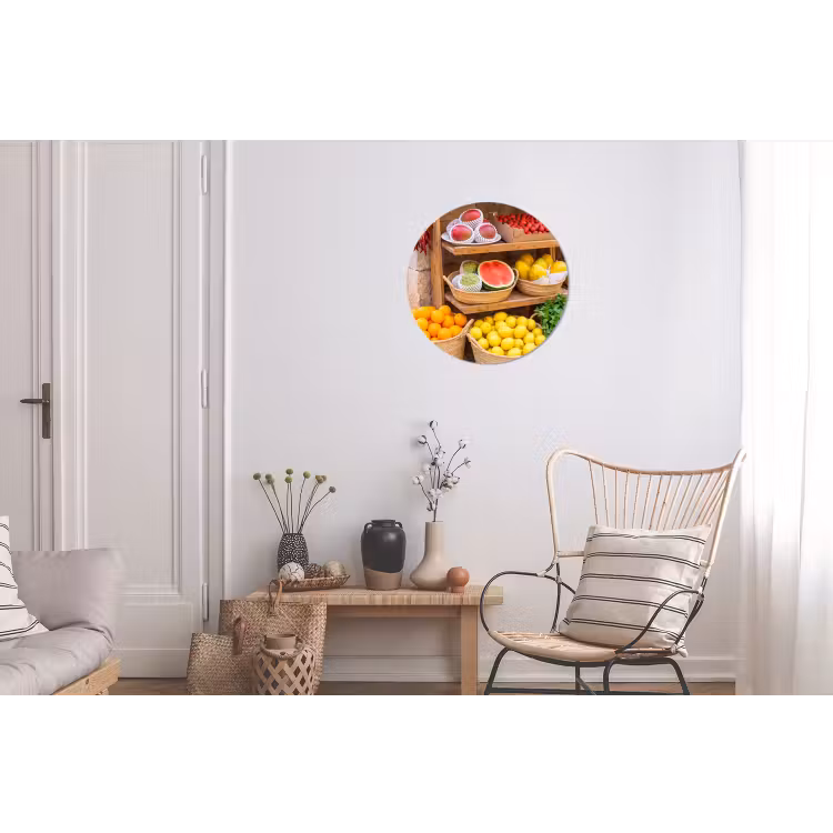 Alu-Dibond-Bild Rund - Obst – Markt – Frisch - Fruit - Markt - Vers Wandcirkel aluminium klein