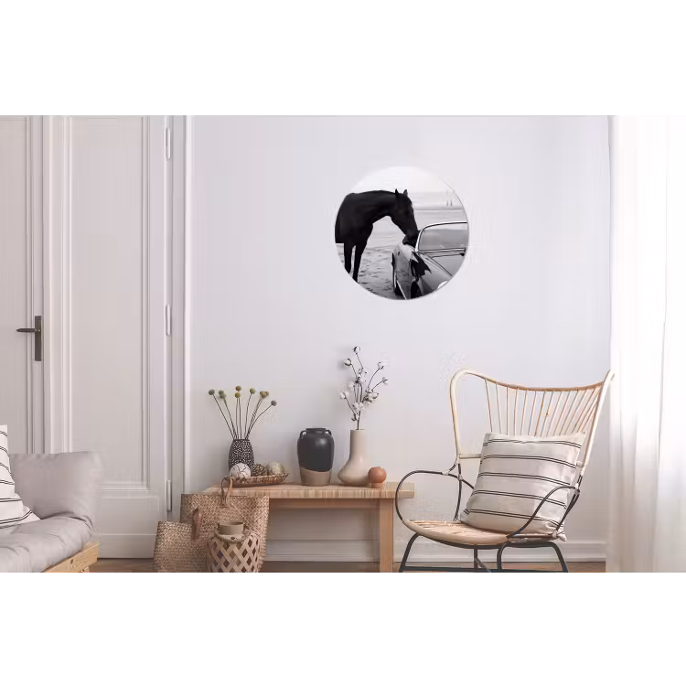 Paard - Auto - Zwart - Wit Wandcirkel aluminium klein -woonkamer