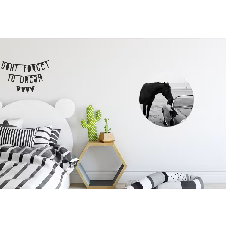 Paard - Auto - Zwart - Wit Wandcirkel aluminium klein -kinderkamer