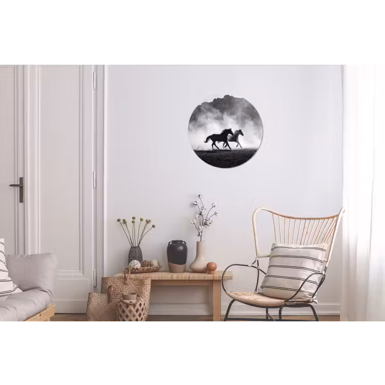 Paard - Ren - Stof - Zwart-wit - Dieren Wandcirkel aluminium klein -woonkamer