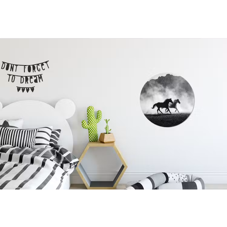 Paard - Ren - Stof - Zwart-wit - Dieren Wandcirkel aluminium klein -kinderkamer