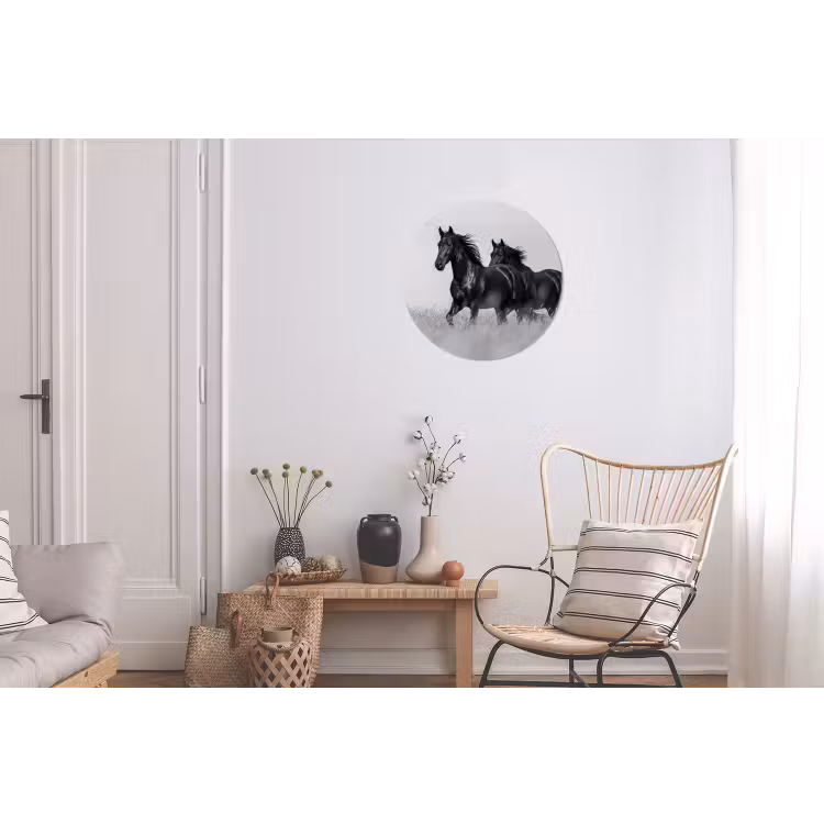 Paarden - Gras - Zwart - Wit Wandcirkel aluminium klein -woonkamer