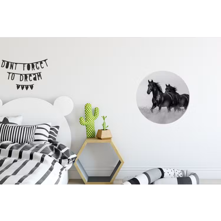 Paarden - Gras - Zwart - Wit Wandcirkel aluminium klein -kinderkamer
