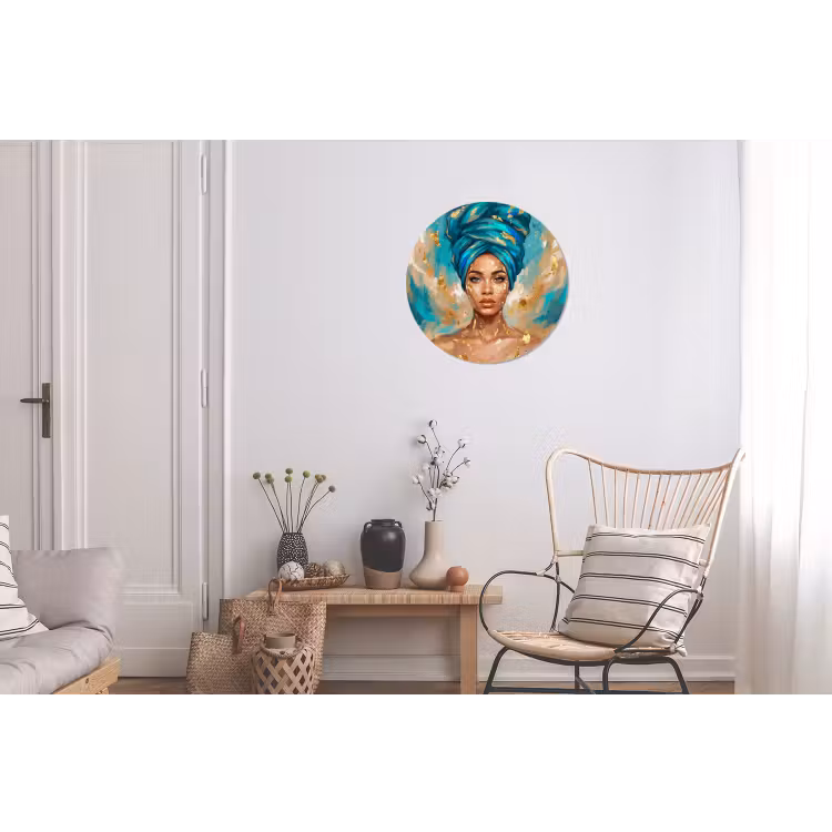 Portret - Vrouw - Schilderij - Blauw - Goud - Expressief Wandcirkel aluminium klein -woonkamer