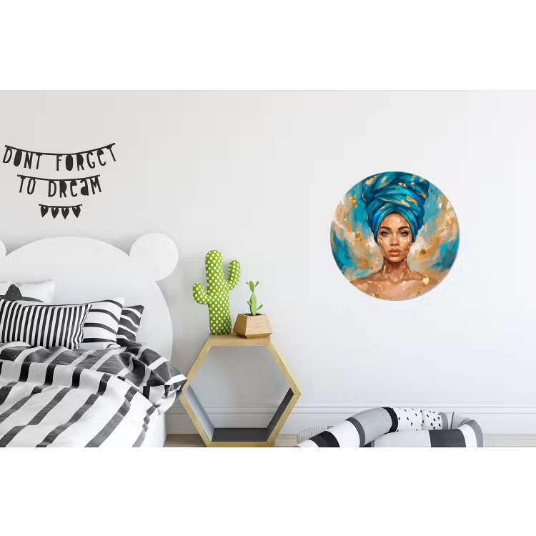 Portret - Vrouw - Schilderij - Blauw - Goud - Expressief Wandcirkel aluminium klein -kinderkamer