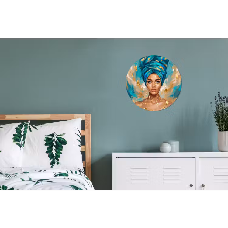 Portret - Vrouw - Schilderij - Blauw - Goud - Expressief Wandcirkel aluminium klein -slaapkamer