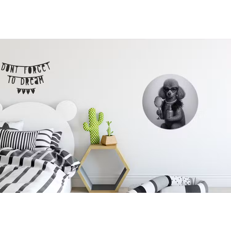 Poedel - Spiegel - Zwart - Wit Wandcirkel aluminium klein -kinderkamer