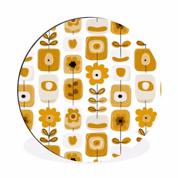 Retro - Abstract - Bloemen - Okergeel Wandcirkel aluminium klein 190 -3d
