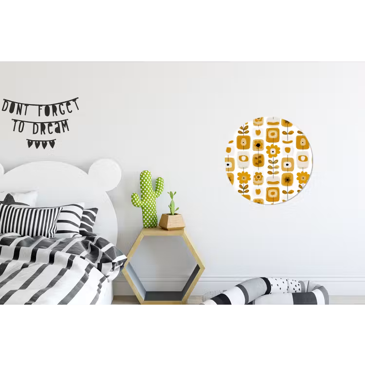 Retro - Abstract - Bloemen - Okergeel Wandcirkel aluminium klein 190 -kinderkamer