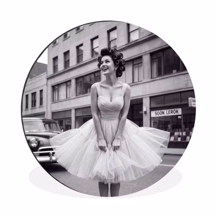 Retro - Vrouw - Zwart - Wit Wandcirkel aluminium klein -3d