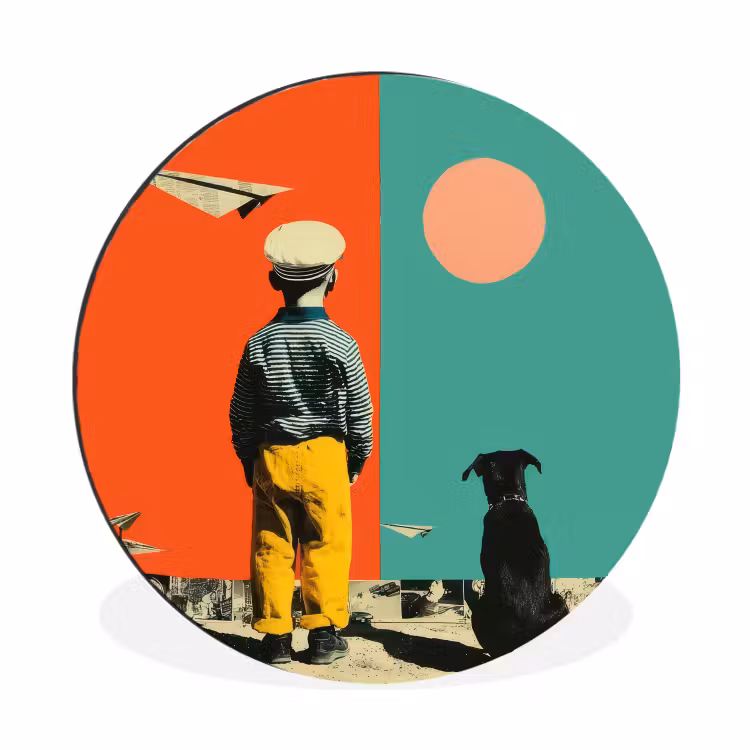 Retro - Jongen - Hond - Rood - Groen Wandcirkel aluminium klein -3d