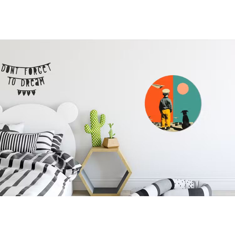 Retro - Jongen - Hond - Rood - Groen Wandcirkel aluminium klein -kinderkamer