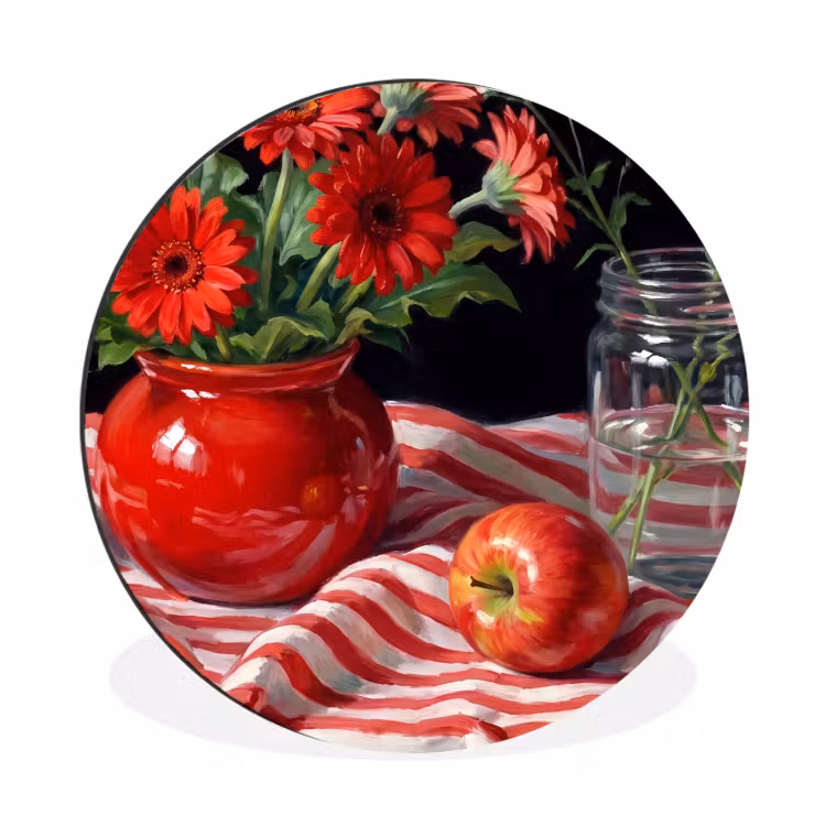 Alu-Dibond-Bild Rund - Rote Blumen – Vase - Rode bloemen - Vaas Wandcirkel aluminium klein
