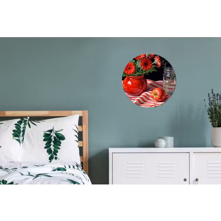 Alu-Dibond-Bild Rund - Rote Blumen – Vase - Rode bloemen - Vaas Wandcirkel aluminium klein