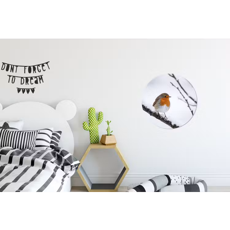 Roodborstje - Tak - Sneeuw - Winter - Levendig Wandcirkel aluminium klein -kinderkamer