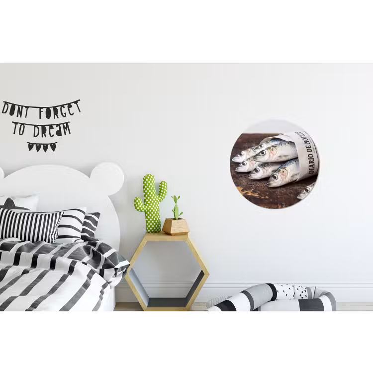 Alu-Dibond-Bild Rund - Sardine – Zeitung – Schneidebrett - Sardientje - krant - snijplank Wandcirkel aluminium klein