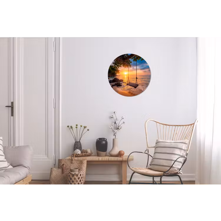 Schommel - Strand - Zonsondergang - Natuur - Oranje Wandcirkel aluminium klein -woonkamer