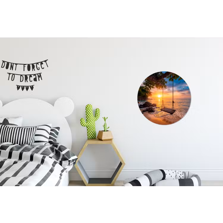 Schommel - Strand - Zonsondergang - Natuur - Oranje Wandcirkel aluminium klein -kinderkamer