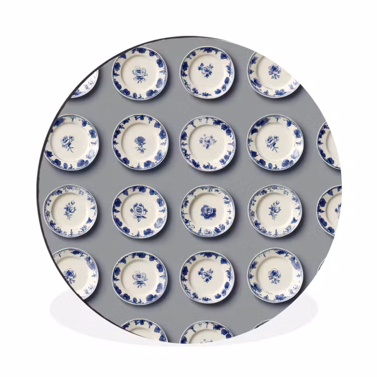 Borden - Bloemen - Blauw - Wit Wandcirkel aluminium klein 190 -3d