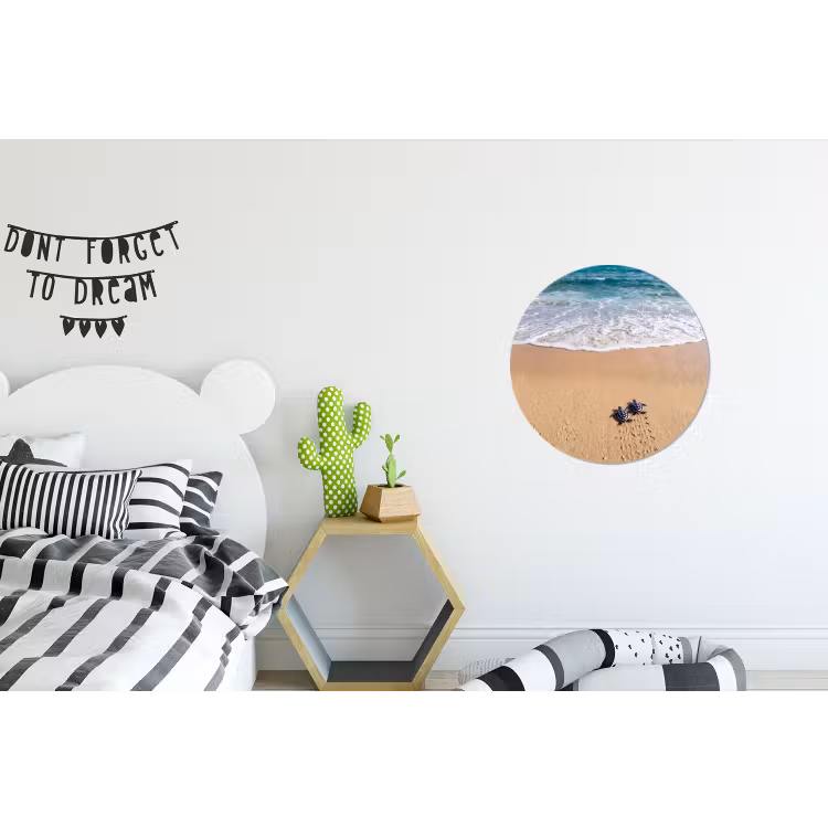 Schildpad - Jong - Strand - Oceaan - Blauw Wandcirkel aluminium klein -kinderkamer