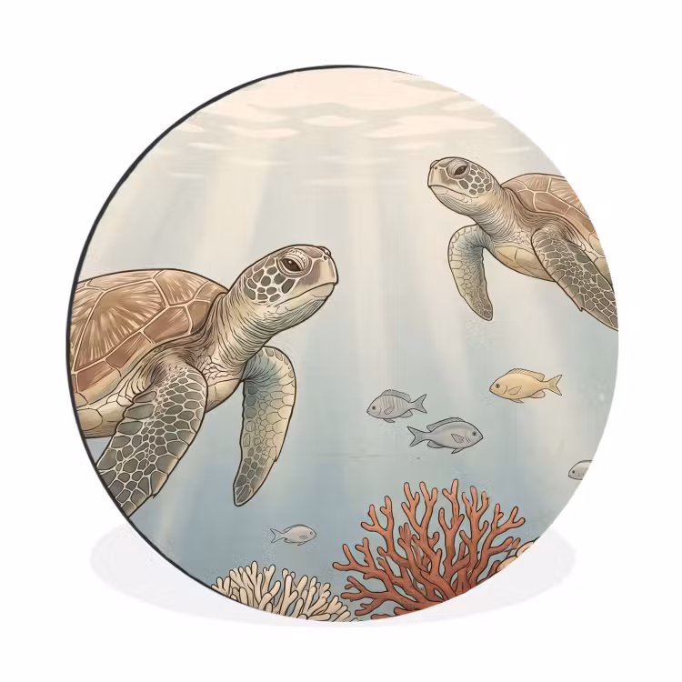 Schildpad - Onderwater - Natuur - Illustratie Wandcirkel aluminium klein -3d