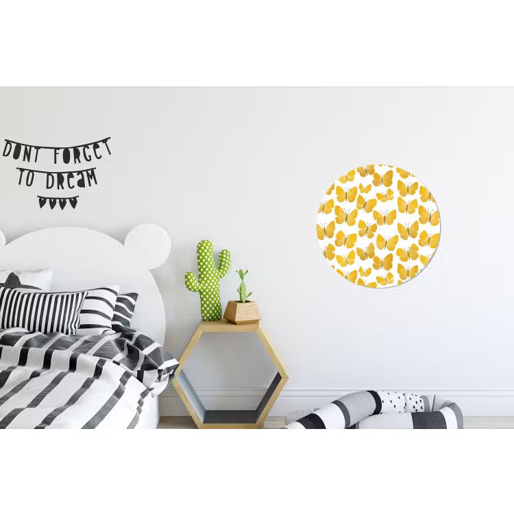 Vlinders - Botanisch - Illustratie - Geel - Wit Wandcirkel aluminium klein 190 -kinderkamer