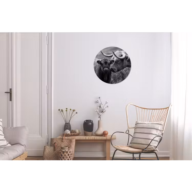 Schotse hooglander - Kalf - Zwart - Wit Wandcirkel aluminium klein -woonkamer