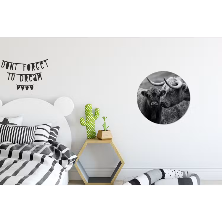Schotse hooglander - Kalf - Zwart - Wit Wandcirkel aluminium klein -kinderkamer