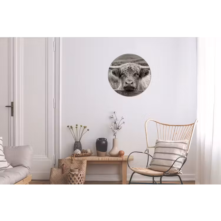Schotse hooglander - Zwart - Wit - Hout Wandcirkel aluminium klein -woonkamer