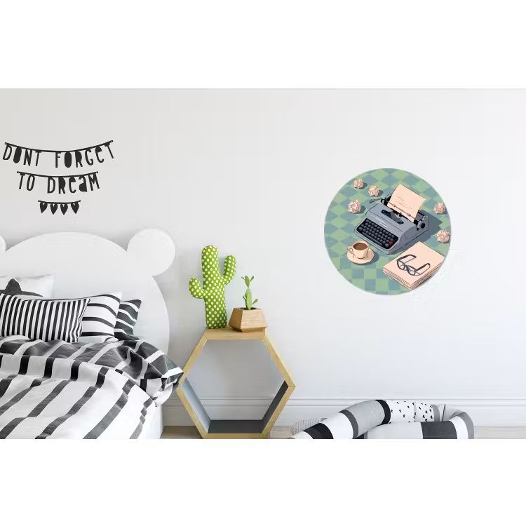 Typemachine - Kantoor - Vintage - Illustratie - Groen Wandcirkel aluminium klein -kinderkamer
