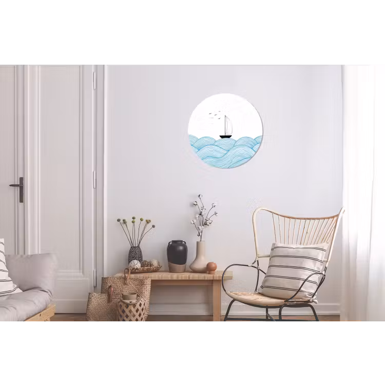 Zeilboot - Golven - Zee - Illustratie - Blauw Wandcirkel aluminium klein -woonkamer
