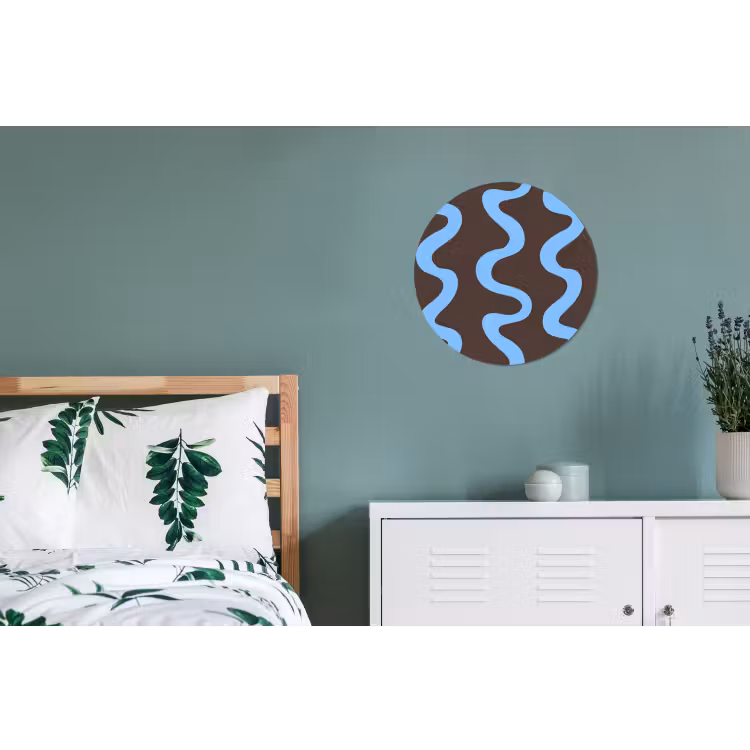 Kronkelende lijnen - Blauw - Bruin - Minimalistisch Wandcirkel aluminium klein 190 -slaapkamer