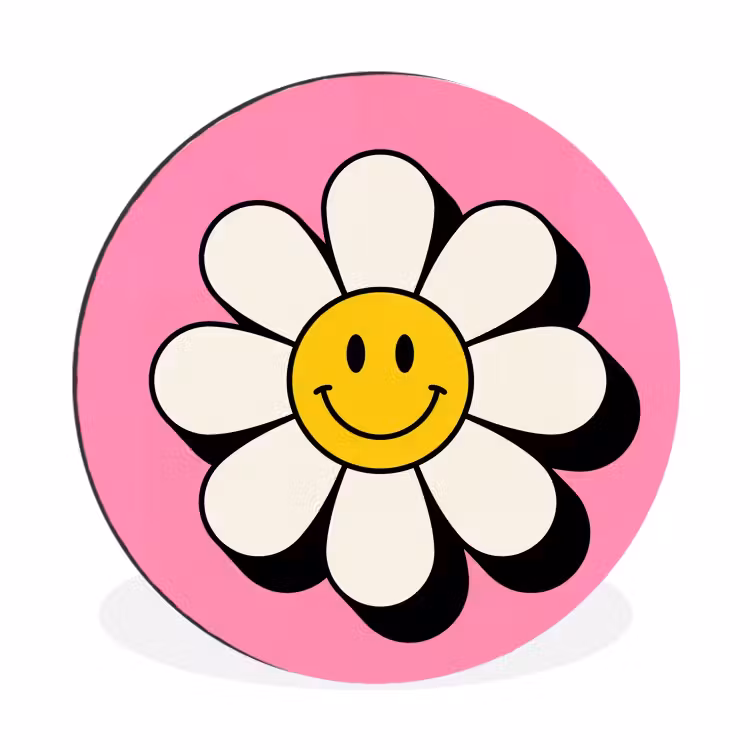 Smiley - Bloem - Roze Wandcirkel aluminium klein -3d