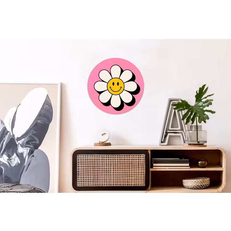 Smiley - Bloem - Roze Wandcirkel aluminium klein -kantoor