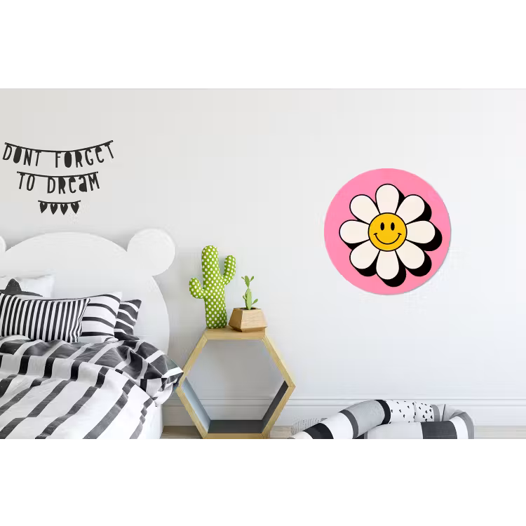 Smiley - Bloem - Roze Wandcirkel aluminium klein -kinderkamer
