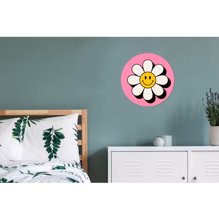 Smiley - Bloem - Roze Wandcirkel aluminium klein -slaapkamer