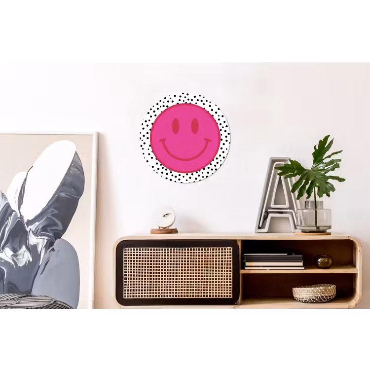 Smiley - Roze - Stippen Wandcirkel aluminium klein -kantoor