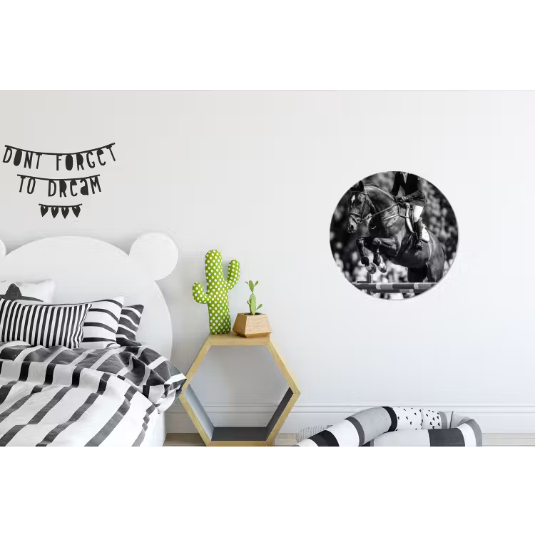 Springen - Paard - Zwart - Wit Wandcirkel aluminium klein -kinderkamer