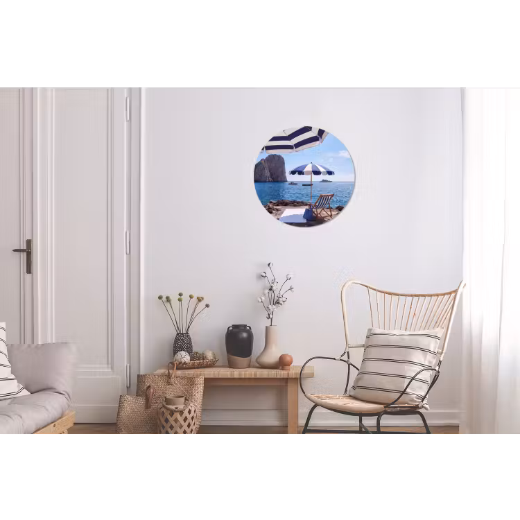Strand - Ligstoel - Parasol - Zomer - Blauw Wandcirkel aluminium klein -woonkamer