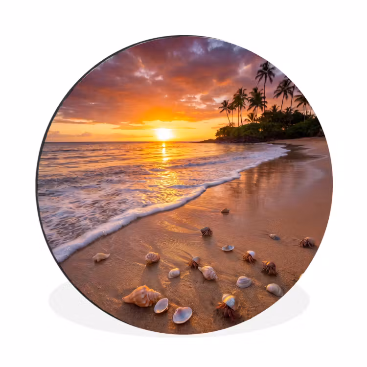 Strand - Zonsondergang - Palmbomen - Natuur - Oranje Wandcirkel aluminium klein -3d