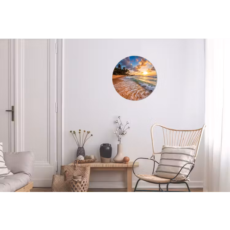 Strand - Zonsondergang - Golven - Natuur - Goud Wandcirkel aluminium klein -woonkamer
