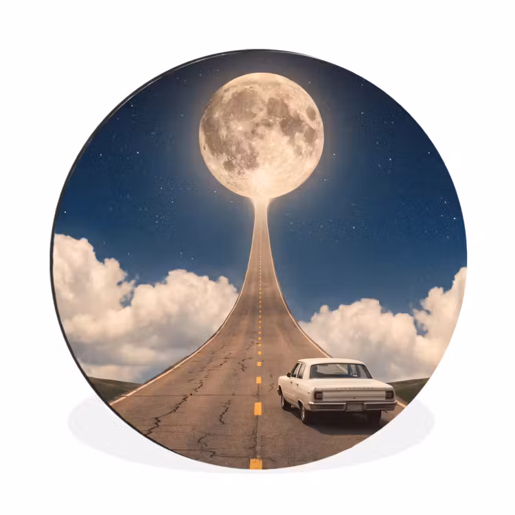 Alu-Dibond-Bild Rund - Straße – Mond – Nacht - Weg - Maan - Nacht Wandcirkel aluminium klein